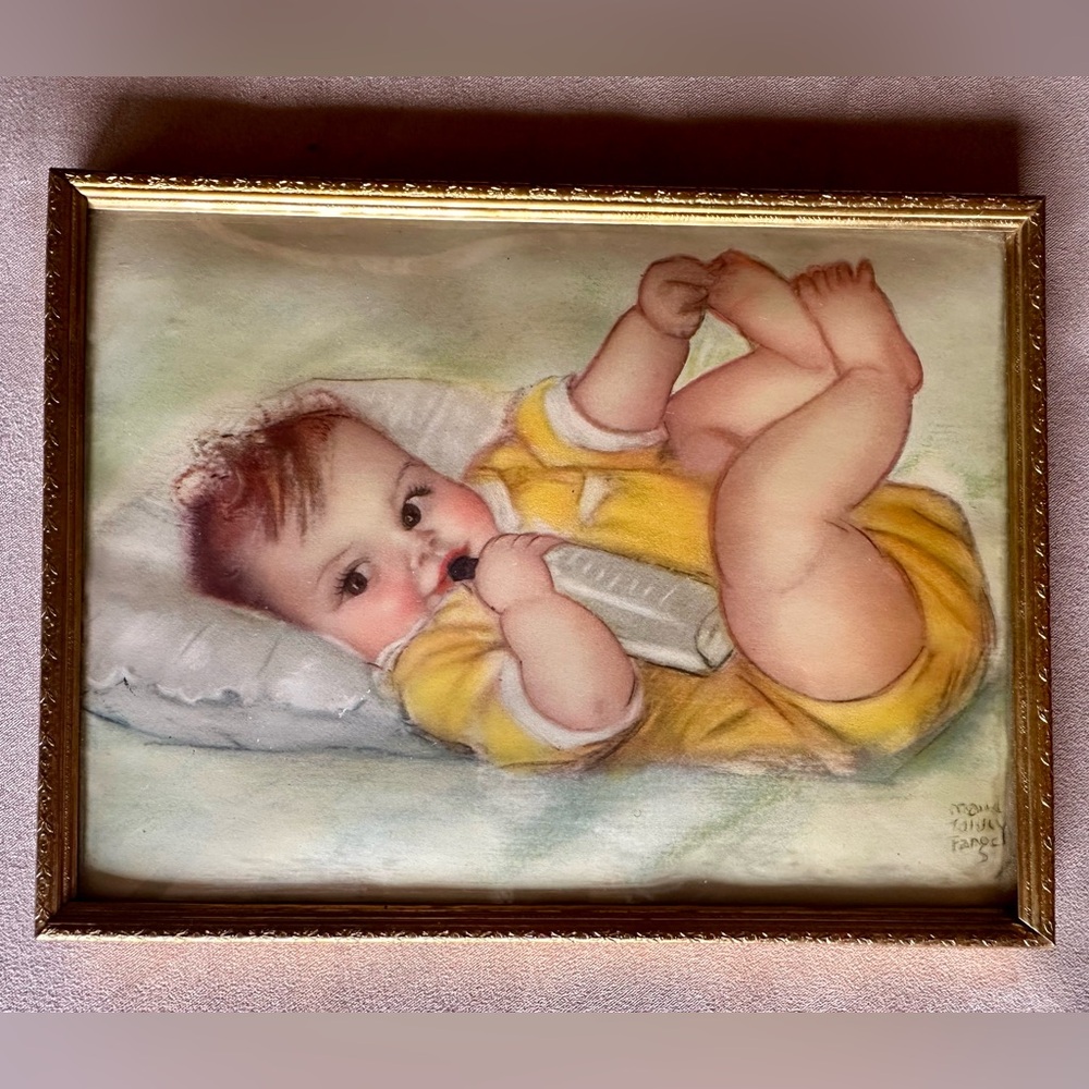 Antique frame and baby nursery art print by Maud Tousey Fangel. Domed glass.